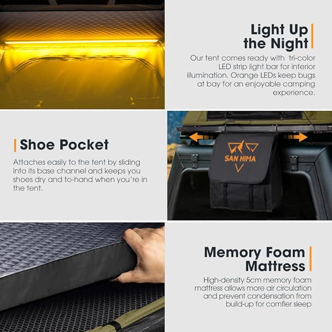 Sanhima Rooftop Tent Hard Shell - Hotham Lite Overland Aluminium Roof Top Tent 4.56" Slimline, w/Tri-Color LED Strip Light & 1.97” Thick Mattress, for Car SUV Truck Camping, 2-3 People