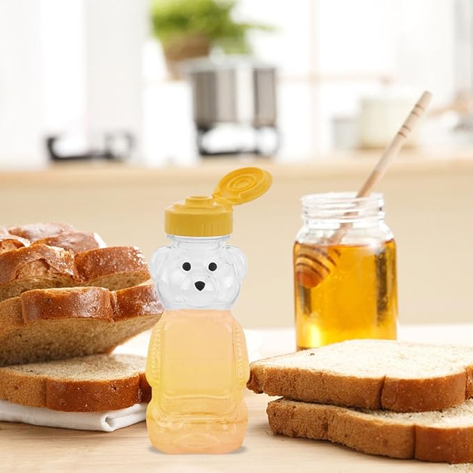 Uonlytech Bear Shaped Juice Bottles Small Plastic Beverage Containers with Caps 8pcs Refillable Honey Bear Bottles for Kitchen Storage and Juice Dispensing