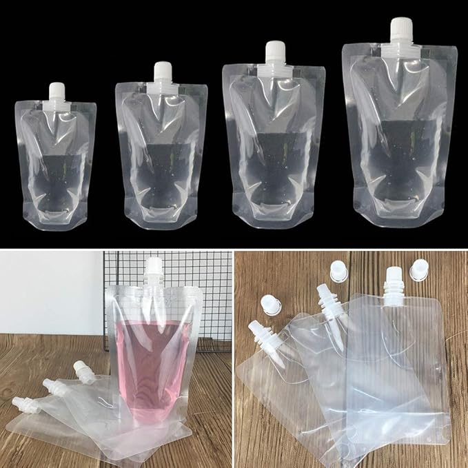 Just E Joy 100x Drink Pouches Disposable Plastic Drinking Flasks Packaging Bag w/Rotating Nozzle Hand-held Clear Smoothie Bags for Juice Milk Brewing Beer Storaging Liquid