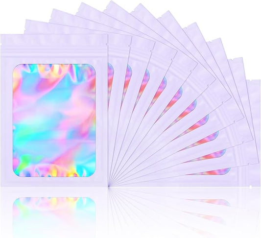 100 Pieces Smell Proof Mylar Bags- Resealable Holographic Packaging Pouch Bag with Clear Window for Food Storage Eyelash Jewelry Electronics Storage (Purple, 4 x 6 Inch)