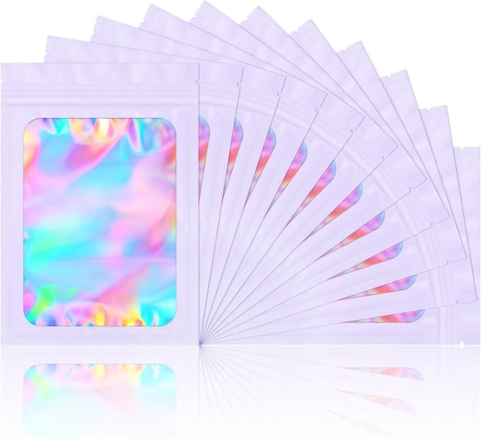 100 Pieces Smell Proof Mylar Bags- Resealable Holographic Packaging Pouch Bag with Clear Window for Food Storage Eyelash Jewelry Electronics Storage (Purple, 5.5 x 7.8 Inch)