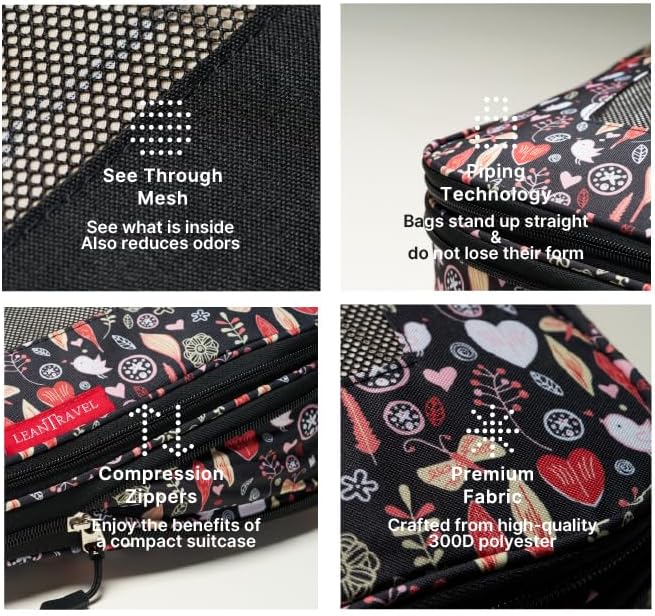 LeanTravel Premium Compression Packing Cubes for Travel - Luggage Organizers with Double Zipper - Sturdy Bags for Suitcase (6-Pack, Flowers)