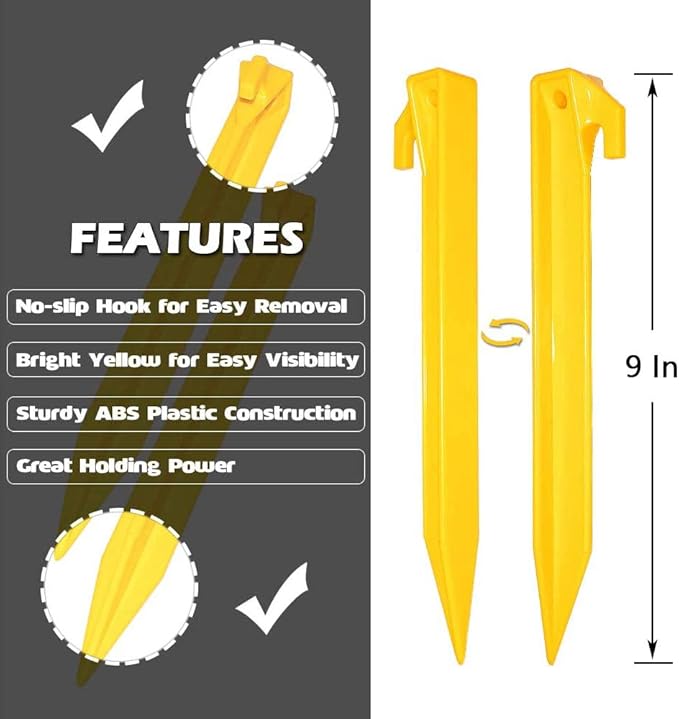 Tent Stakes for Sand ，Plastic Tent Stakes Heavy Duty, Lighter and Safer Than Tent Stake Metal,9 Inch Yellow Tent Stakes for Sand/Sand Stakes for Beach (10 Pack)