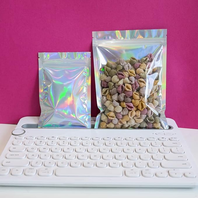 100 Pieces Resealable Smell Proof Bags Foil Pouch Bag Flat Bag for Party Favor Food Storage (Holographic Color, 7 x 9 Inch)