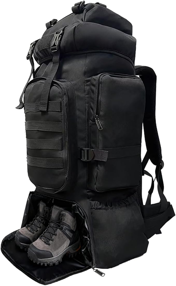 Tactical 80L Hiking Backpack with Dedicated Shoe Compartment - Large Capacity Rucksack for Camping Backpacking Men Women - Outdoor Trekking Travel Pack (Black)