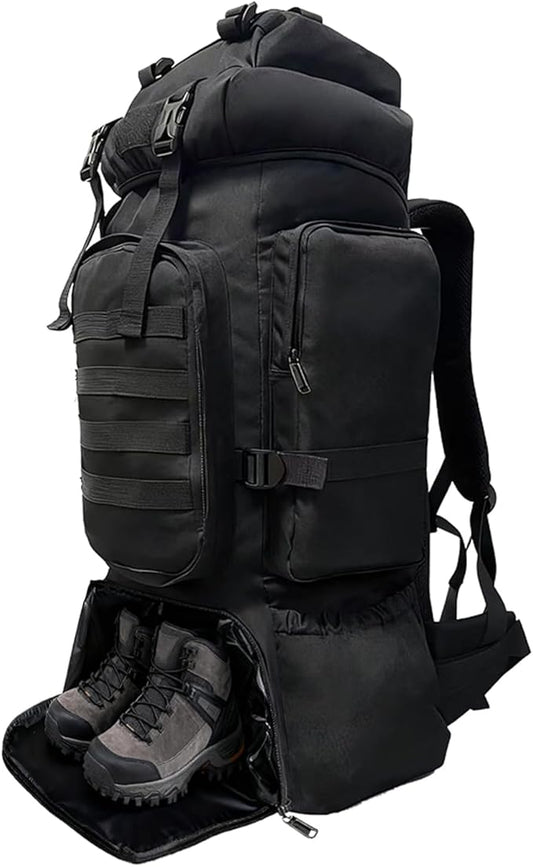 Tactical 80L Hiking Backpack with Dedicated Shoe Compartment - Large Capacity Rucksack for Camping Backpacking Men Women - Outdoor Trekking Travel Pack (Black)