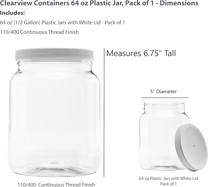 Plastic Storage Jars with Leak Proof Lids, BPA Free, Hand Wash Only (64oz, 1PK White)