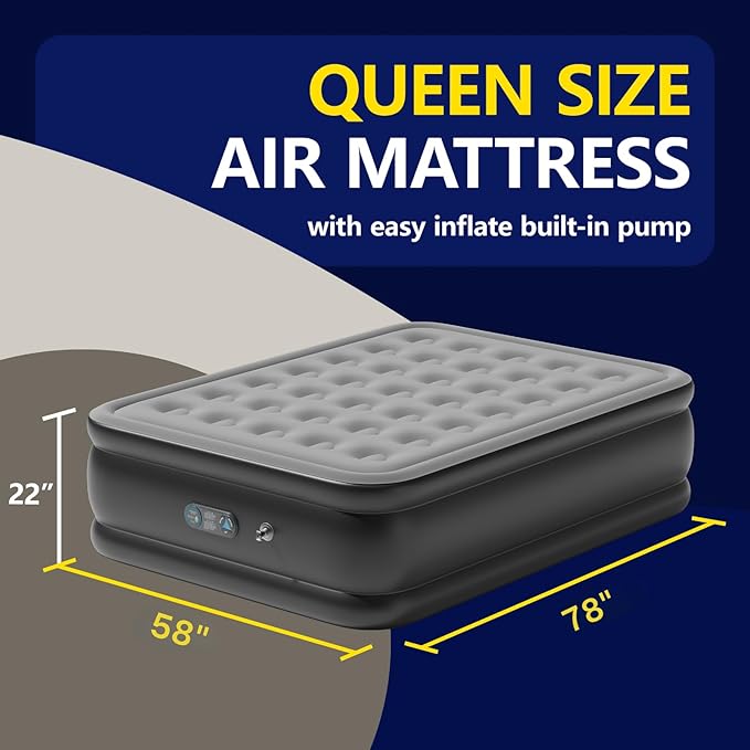 Queen Air Mattress with Built in Pump, Inflatable Mattress for Home, Blow up Air Bed 3 Min Quick Inflation and Deflation, Thin Velvet Top, 22'' Queen Size Gray