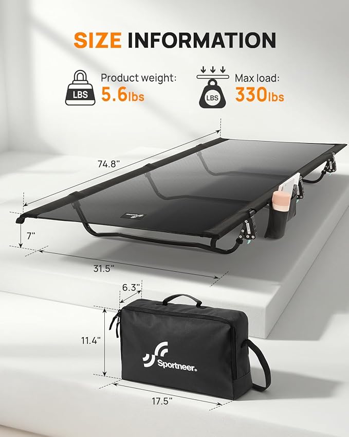 Sportneer Mesh Folding Camping Cot, 31.5" Extra Wide Breathable Cot Bed with Enhanced Airflow, Compact & Lightweight for Outdoor Camping, Backpacking, Hiking