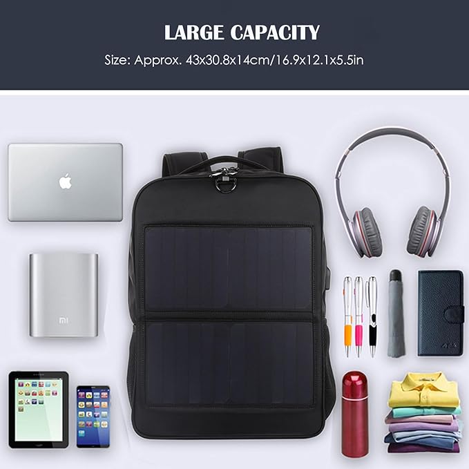 Acogedor 5V 14W Solar Backpack, Solar Panel Power Backpack with USB Charging Port, Ergonomic Laptop Bag, for Hiking, Camping, Travel