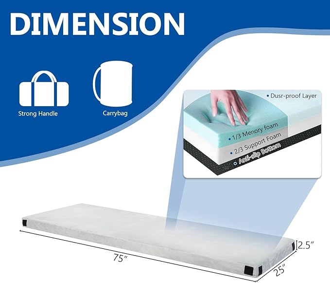 Camping Mattress, Portable Roll up Mattress, Memory Foam Constructed, Boasting a 2-Layer Design, Density Support Foam, Versatile Sleeping Mat for Indoor & Outdoor 75" D x 25" W x 2.5" H
