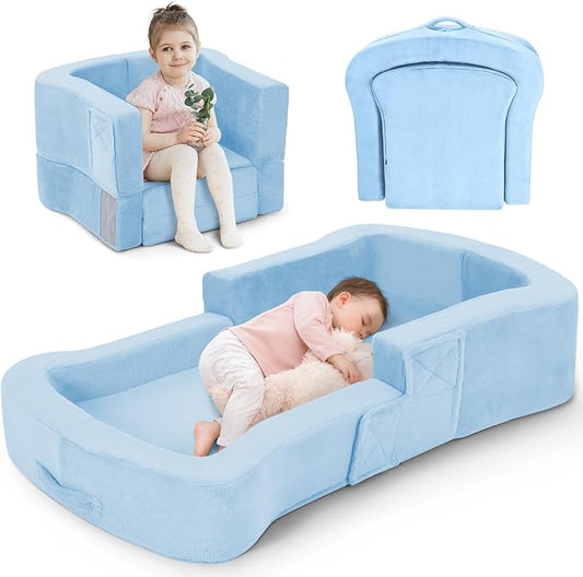 Toddler Travel Bed, 2-in-1 Foldable Portable Toddler Bed Sofa Chair, Soft Baby Kids Travel Floor Cot with Washable Covers Safety Foam Raised Bumper for Camping Hotel Sleeping (Blue)