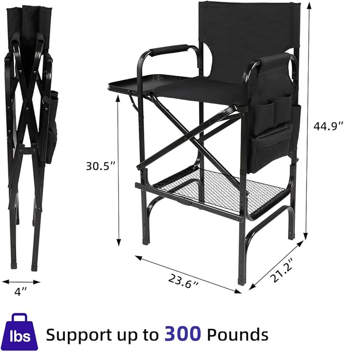 Folding Makeup Chair with Folding Tabletop Storage Bags for Makeup Artists to Keep Makeup Cases and Brushes, Tall Directors Chair, Oversized Portable Camping Chair for Outside Knee Protection