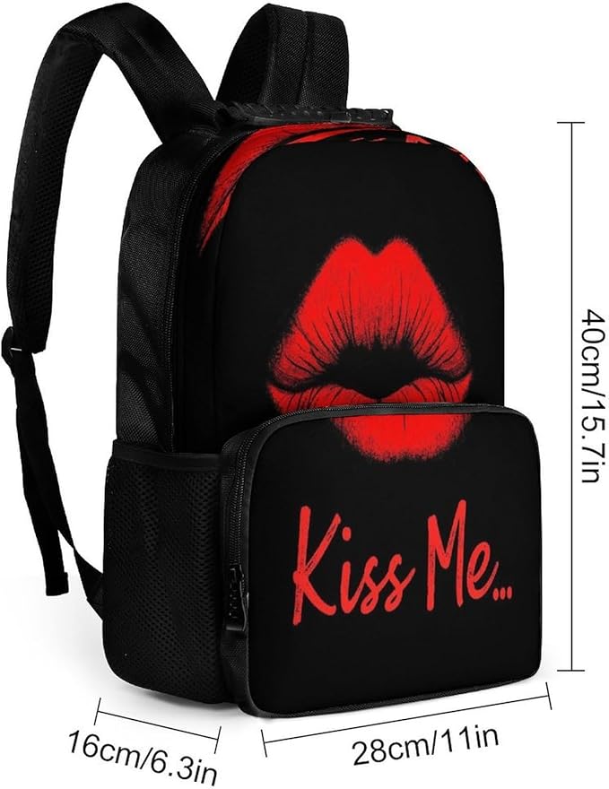 Men Women Lightweight Black Red Lip Print Kiss Me Backpack Large Capacity Bookbag With Smooth Zippers for Gym Business Running