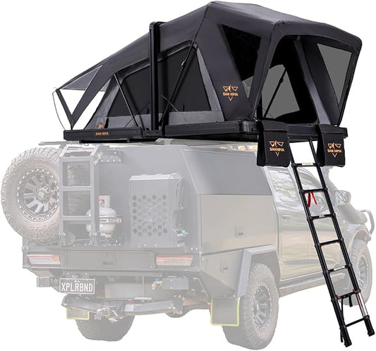 SanHima Rooftop Tent Hard Shell - CapeTop Overland Aluminium Fold-Out Roof Top Tent 131.5LBS Lightweight, w/Digital Panel & Tri-Color LED Strip Light, for Car SUV Truck Camping, 2-3 People