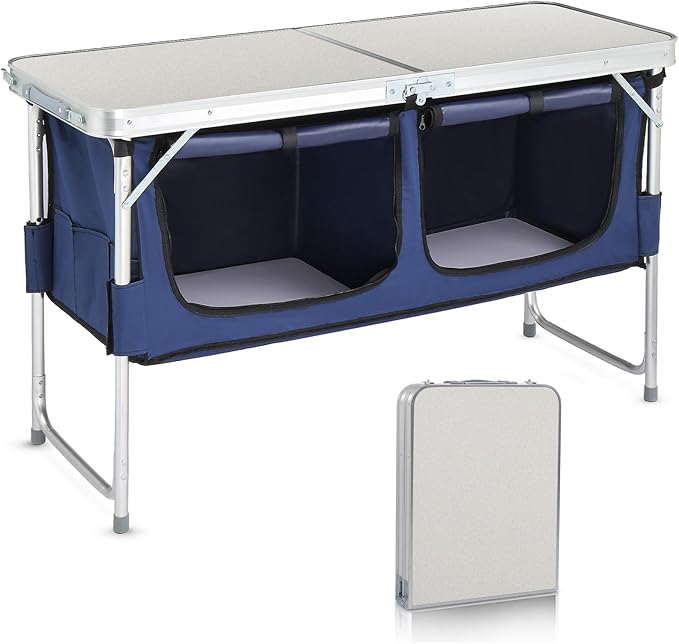 Outvita Folding Table, 4FT Aluminum Camping Table with Large Storage Space and Adjustable Height Picnic Table Lightweight for Carring Outdoor Party Events Beach