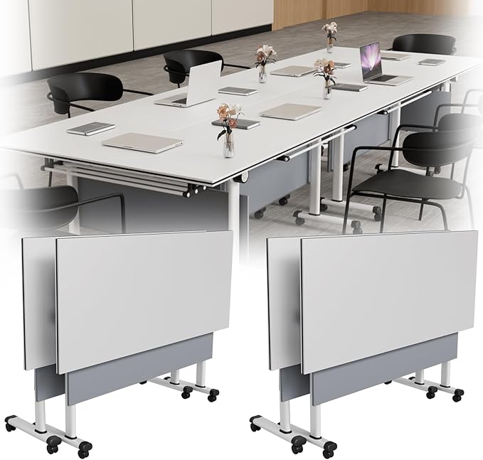 Modular Conference Room Table, Folding Seminar Desk with Wheels, Large Mobile Office Meeting Table for Classroom Training, Flip-Top Stackable Conference Tables,2 Packs Gray
