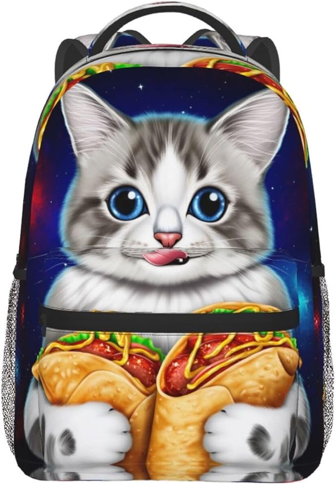 Rucksack Polyester Anti-Theft Multipurpose Galaxy Taco Cat Pizza Art Bookbag Big Capacity Travel and Sport Backpack Rucksack With Side Pockets