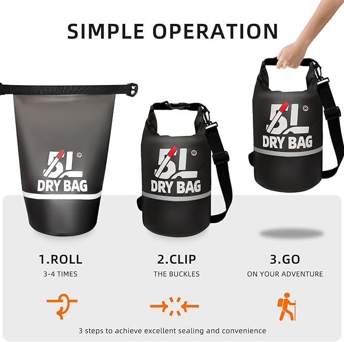 Waterproof Dry Bag for Women and Men,5L Roll Top Lightweight Storage Bag Reflective Backpack with Waterproof Phone Pouch Suitable for Travel Swimming Boating Kayaking Paddle Accessories