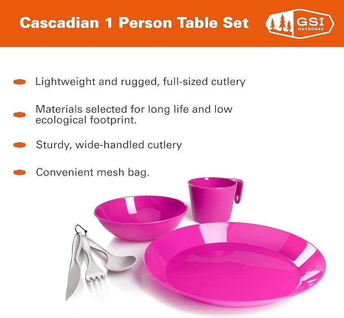 GSI Outdoors Cascadian 1 Person Table Set I 6-Piece Camping, Backpacking Mess Kit, Plastic BPA Free, Plate, Bowl, Mug, Cup & Cutlery Set