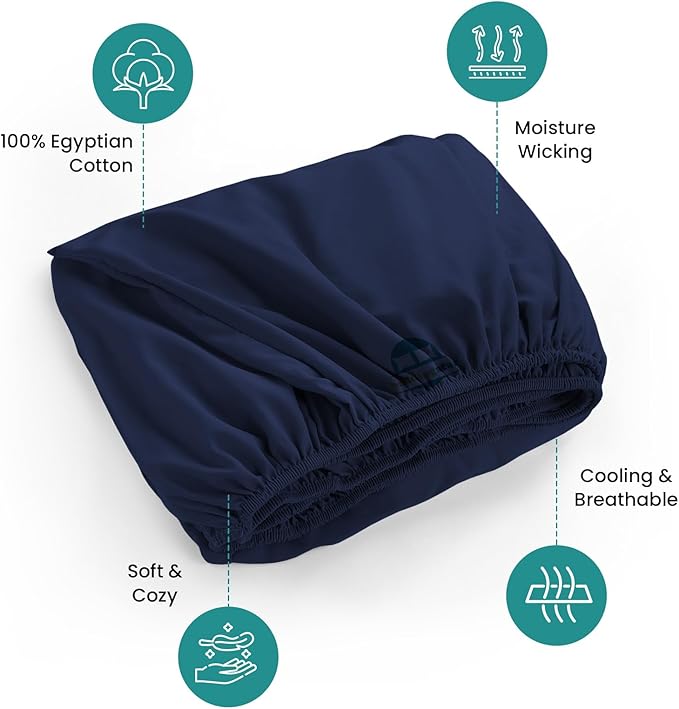 Cot Fitted Sheet 31 x 75 Inches 4" Deep Pocket 100% Egyptian Cotton 600 Thread Count Snug Fit Trifold Mattress, Narrow Twin, Camp Bunk, Guest Bed, Army Cot Soft & Breathable – Navy Blue