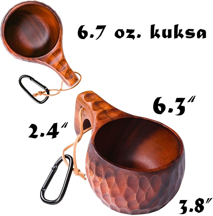Kuksa Camping Mug Wooden Bushcraft Handcarved Cup, Nordic Style Coffee & Hiking Kuksa, Walnut Wood with Engraved Pattern, Trunk Style, 6.7 oz., 6.3" x 3.8" x 2.4"