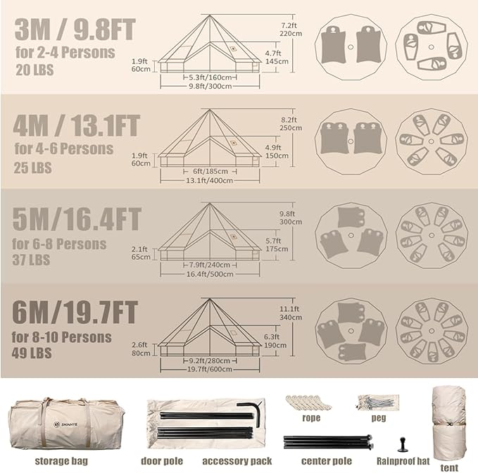 Bell Yurt Tent, Waterproof Luxury 4 Season Hot Tent with Stove Jack/Air Conditioner Vents/2 Skylight for Family Outdoor Camping Oxford Glamping Tents for All Year Living