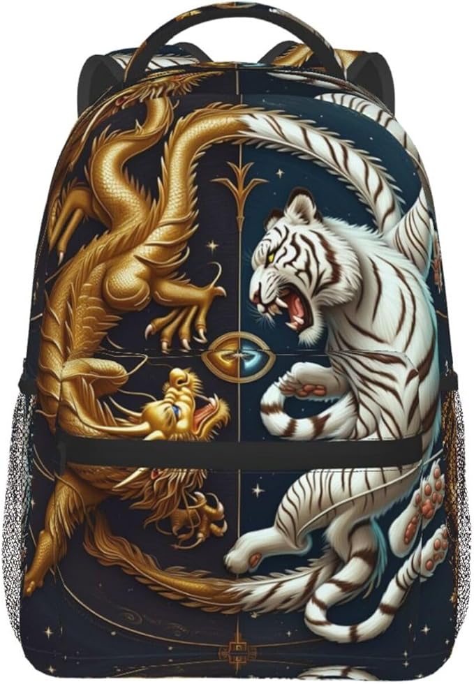 Daypack Backpack Multipurpose Anti-Theft Large Capacity Bookbag, Yin Yang Gold Dragon White Tiger Art Travel Hiking Camping Rucksack With Adjustable Shoulder Straps