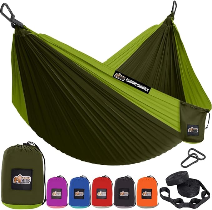 GORILLA GRIP Durable Portable Camping Hammock, Holds 500lbs with Heavy Duty Tree Straps, Comfortable Travel Swing, Camp Hammocks, Easy to Use and Install, Outdoor Essentials, Green, 10x6.5 FT
