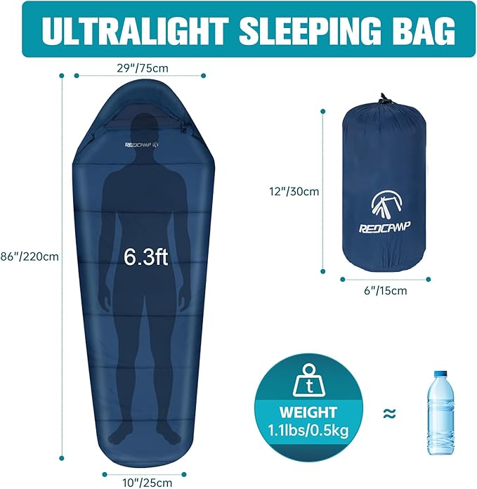 REDCAMP Ultra Lightweight Sleeping Bag for Backpacking, Hiking, Comfort for Adults Warm Weather, with Compression Sack