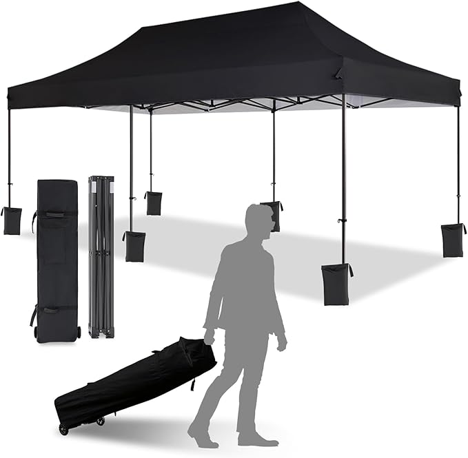 10x20 Pop Up Canopy Tent with Roller Bag, Easy Set Up, Waterproof Commercial Shelter, 6 Stakes & 6Sandbags & 6 Ropes, Silver Coated Top, Black
