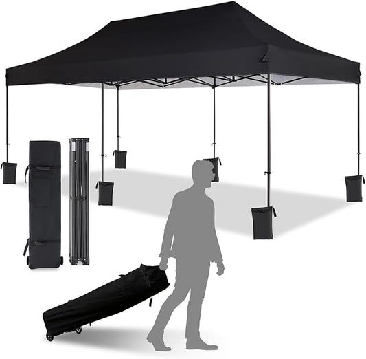10x20 Pop Up Canopy Tent with Roller Bag, Easy Set Up, Waterproof Commercial Shelter, 6 Stakes & 6Sandbags & 6 Ropes, Silver Coated Top, Black