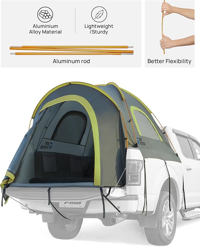 JOYTUTUS Pickup Truck Tent 2.0, Waterproof PU2000mm Double Layer for 2 Person, Portable Truck Bed Tent with Rainfly, 5.5'-5.8' Camping Preferred - Green, Aluminum Poles