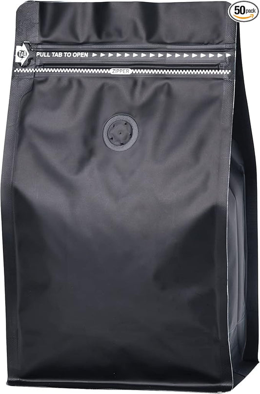 50 Pack Coffee Bags Degassing Valve, Resealable High Barrier Storage Bags with Aluminum Foil, Odor-Proof for Coffee Beans, Stand Up Coffee Pouch, Flat Bottom (Large-16OZ, Black)