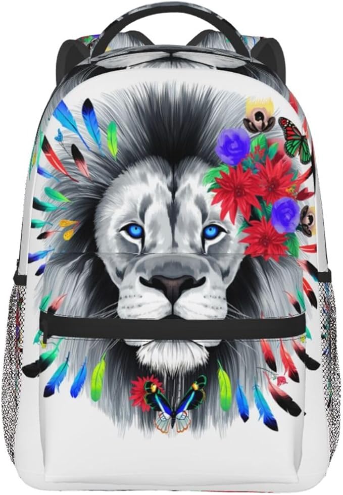 Daypack Backpack Anti-Theft Multipurpose Big Capacity Bookbag, Lion Feather Flower Butterflies Art Business Computer Bag With Side Pockets