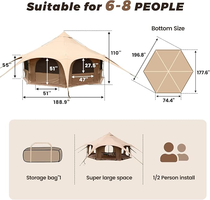 LVUYOYO Canvas Bell Tent, Glamping Yurt Waterproof Tent with Stove Jack and Storage Bag, Perfect for Family 4 Season Camping (16.4 * 9.18 FT)