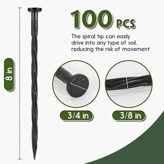 Landscape Edging Stakes, 100 Pcs 8" Plastic Garden Spikes, Spiral Nylon Anchoring Spikes for Paver Edging, Weed Barriers, Artificial Turf, Tent, Grass Pathway and More, Black