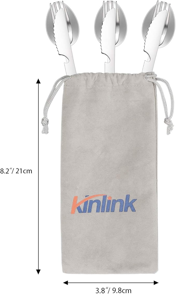 KINLINK 4-in-1 Camping Utensils 3-Pack, Portable Stainless Steel Spoon, Fork, Knife & Bottle Opener Combo Set, Travel/Camping/Hiking/Picnic/Barbecue/Outdoor Backpacking Utensils with Carrying Bag