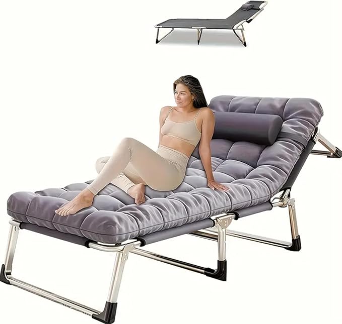 Leo IRis Portable Folding Camping Cot, Oversize Adjustable 5-Position Adults Reclining Lounge Chairs with Pillow, Heavy Duty Oxford Cloth 600D with Mattress (Gray - Upgrade Bed (with Mat))