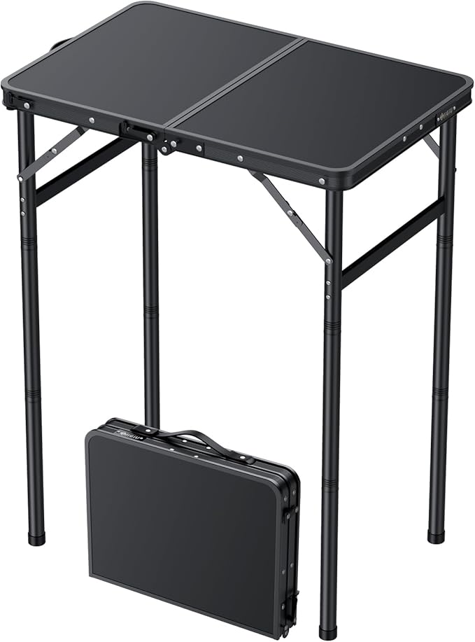 Folding Camping Table Portable Pinic Table 3 Level Height Adjustable Aluminum Frame Small Foldable Camp Table Light Weight with Carry Handle for Outdoor Indoor Hiking Camp BBQ Beach