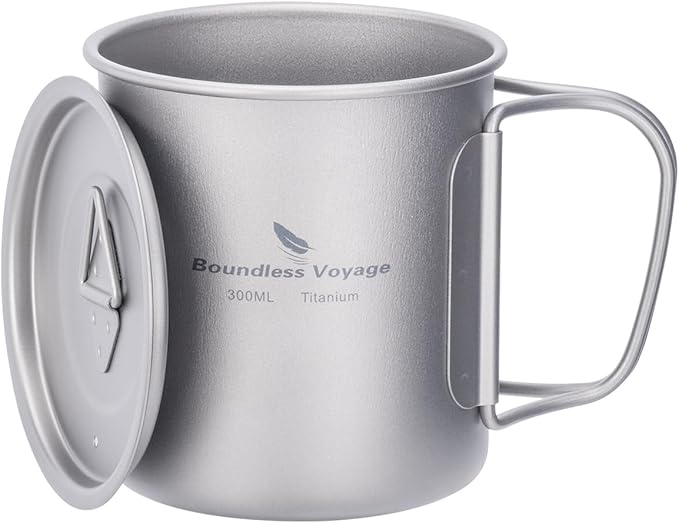 iBasingo 300ml Titanium Mug with Lid Tea Coffee Water Cup Outdoor Camping Pot Ultra-light Portable Hiking Backpacking Cooking Kit Picnic Tableware Drinkware with Foldable Handle Ti3034D