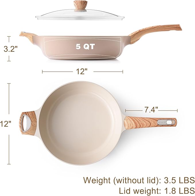 SENSARTE Ceramic Nonstick Frying Pan Skillet with Lid, 12 Inch Large Deep Frying Pan, 5 QT Saute Pan, Induction Pan, Healthy Non Toxic Cooking Pan with Helper Handle, PFOA PFAS PTFE Free