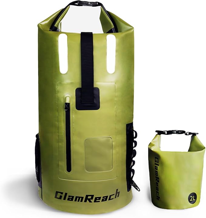 waterproof backpack 55L- Heavy Duty & Dirt Resistant Roll Top Sack, Essential Gear for Kayaking, Hiking, Camping, Beach Travel with 2L dry bag (Green, 55L)