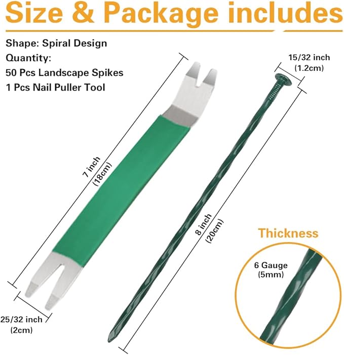 Bakulyor 50 Pack Metal Landscape Stakes, 8 Inch Artificial Grass Nails, 6 Gauge Large Landscaping Staples, Green Edging Anchor Stake for Garden Ground Lawn Paver Timber Border Weed Barrier Spikes 8"