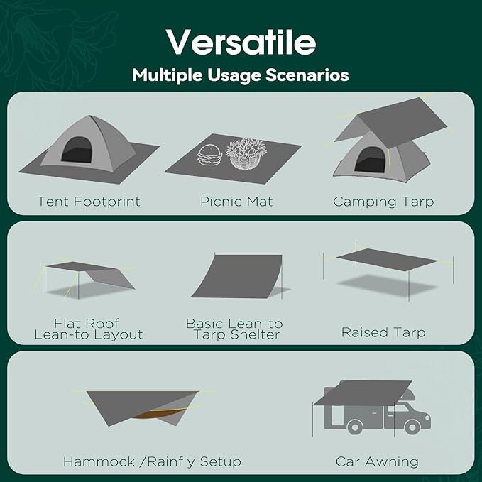 Tent Footprint - Waterproof Camping Tarp, 4 Person Tent Floor Saver, PU 3000mm Small Tarp for Hiking, Backpacking, Hammock, Beach, Picnic and Other Outdoor Activities