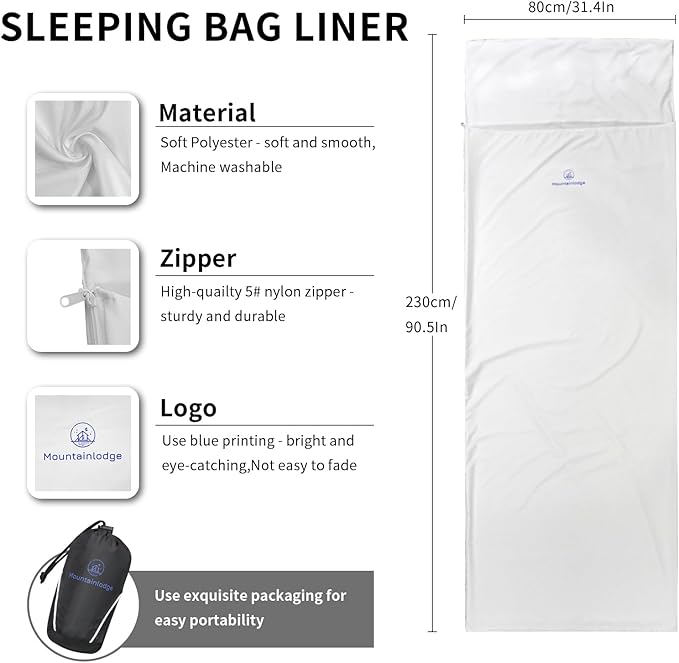 Mountainlodge Sleeping Bag Liner for Warm Weather Seasons with Carry Bag - Protable,Lightweight and Skin-Friendly Sleeping Bag for Camping,Hiking and Backpacking.