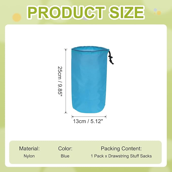 Stuff Sack, Nylon Waterproof Storage Sacks Portable Drawstring Dry Stuff Bag Gear Organization with Toggle, 5x10Inch Fit for Backpacking Camping Traveling Hiking(Blue)