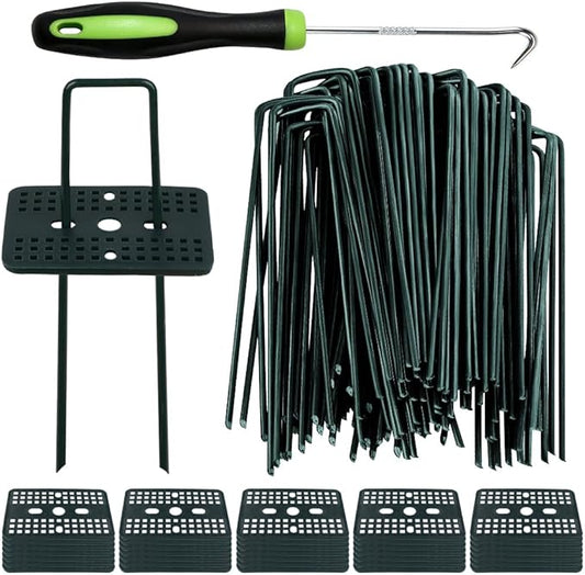 Bakulyor 50 Pcs Green Artificial Turf Stakes Anchor + 50 Pcs Buffer Washer, 6 Inch 11 Gauge Landscape Staples, Galvanized Lawn Spikes, Heavy Duty Yard Ground Pin for Grass Weed Barrier Sod Fabric