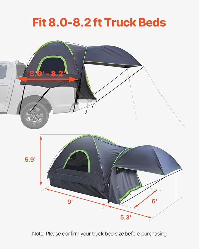 VEVOR Pickup Truck Tent, Fits 5.0-8.2 ft Truck Tents for Camping, Waterproof PU2000 mm 2-3 Person Sleeping Truck Bed Tent, Sturdy Truck Bed Camper Shell with Expandable Awning, Rainfly, Storage Bag