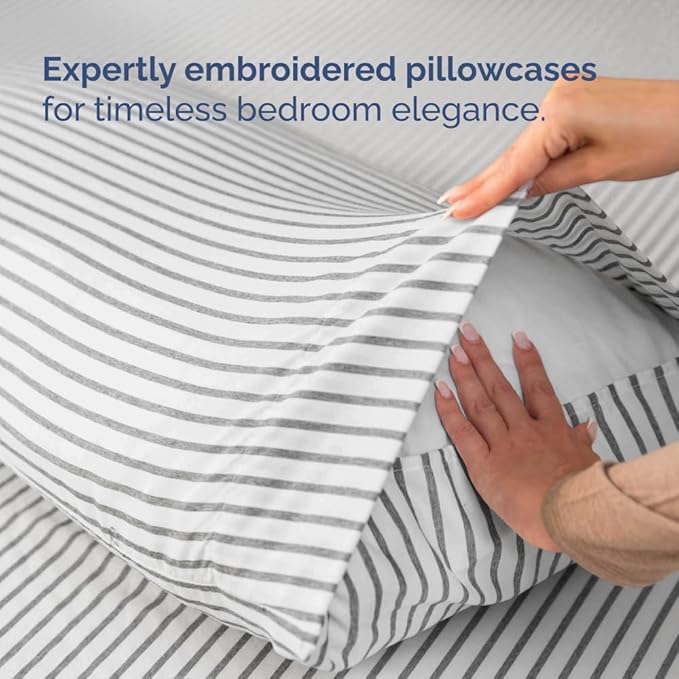 Full XL Bed Sheet - 4 Piece Full XL Bed Sheets Set - Soft, Breathable & Cooling - Hotel Luxury Bedding for Women, Men, Kids, Teens, Boys & Girls - Deep Pockets, Fade and Wrinkle Free - Grey Stripes